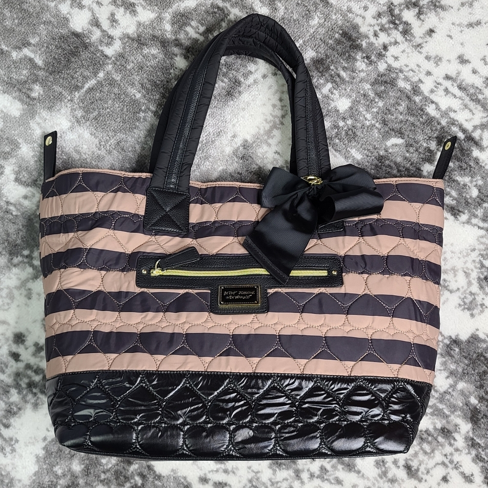 Betsey Johnson Heart Quilted Stripes Tote Bow
